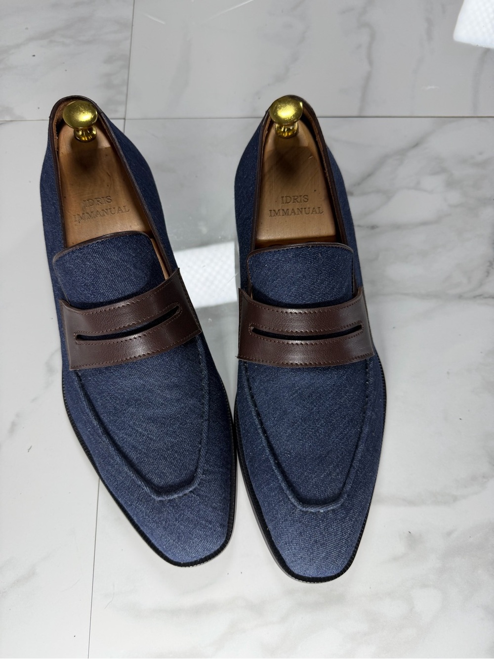 Men's Navy Denim Penny Loafers with Brown Leather Trim